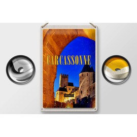 Tin Sign with Retro Carcassonne France Medieval Travel Design 20 x 30 cm