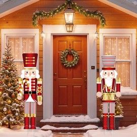 2Pcs Christmas Nutcracker Yard Signs Christmas Outdoor Yard Lawn Decorations (red gold)