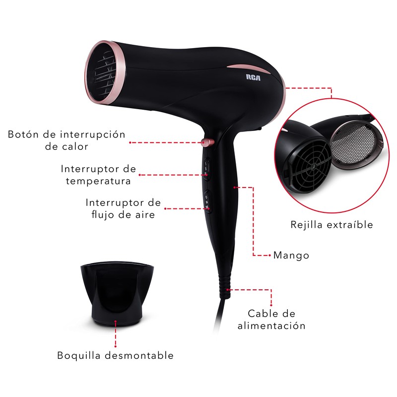 RCA Secadora de Cabello con Boquilla Desmontable RC-P15
