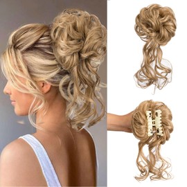 Claw Clip Messy Bun Hair Piece Tousled Updo Hair Buns Extension Elastic Hair Band Hair Pieces Curly Hair Bun Scrunchie For Women (Golden Blonde)