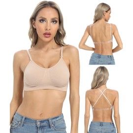 ANGOOL Clear Back Bra Wireless Professional Low-Back Dance Bra, Adjustable Straps Unpadded Backless Design for Ballet & Gym, Beige, XL