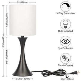 Seaside village 3 Way Touch Control Table Lamp, Modern Bedside Lamp for Bedroom, Dimmable Black Nightstand Lamp White Shade Desk Reading Light for Living Room Office Dorm, 3000K LED Bulb Included