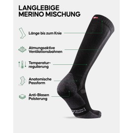 DANISH ENDURANCE Knee-High Merino Hiking Socks, Long Wool Socks, Knee Socks, Thermal Socks, Padded & Anti-Blister, Unisex, for Men and Women, Black 3 Pairs, 48-51
