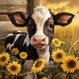 Acudotr Diamond Painting Kits for Adults, 5D DIY Cow Diamond Art Kits for Beginners, Full Drill Diamond Painting Kits for Home Wall Decor, Sunflower, 12x12 Inch
