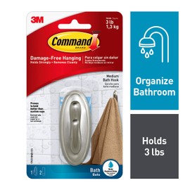 Command Medium Traditional Hook, Brushed Nickel, Holds 3 lbs, 1-Hook, 2-Strips, Organize Damage-Free