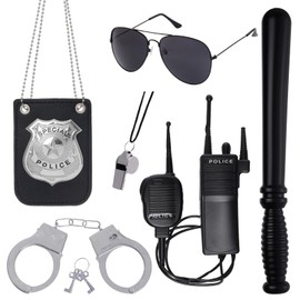 6Pcs Police Costume Accessories for Adults, Police Badge Walkie Talkies Handcuffs Sunglasses Baton Whistle Set, Cop Costume Accessories for Halloween Carnival Pretend Play