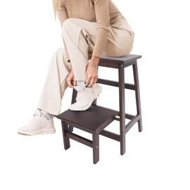 2 Tier Folding Step Stool, Multi-Purpose Foldable Wood Step Ladder, 2-in-1 Foot Stool Display Storage Shelf，Solid Wood Ladder for Adults & Kids 220lbs, Closet, Library, Bedroom, Kitchen (Walnut)