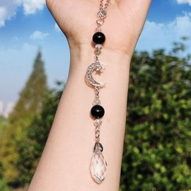 Pyotivol Car Rear View Mirror Accessories Witchy Car Hanging Ornament, Moon&Star Rearview Decor Charm Black Onyx Obsidian Crystal Beads Swinging Interior Decor for Women Men