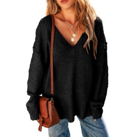 EVALESS Crochet Sweater for Women Fashion 2024 Hollow Out Ribbed Knit Tops Casual Long Sleeve V Neck Sweaters Pullover Jumper Outfits Black 1X