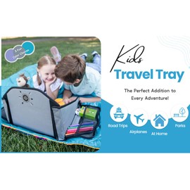 Triple EEE Adventures Kids Travel Tray for Car Seat – Gray – Portable Lap Tray with Tablet Holder, Cup Holder & Storage Organizer – Fits Car, Stroller & Airplane – Great for Homeschool & Travel