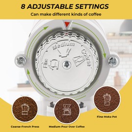 Flyseago Burr Coffee Grinder Electric Espresso Grinder Commercial & Homeuse Silent Small Coffee Bean Grinder with Hopper Adjustable Grind, With Brush, Spoon, White