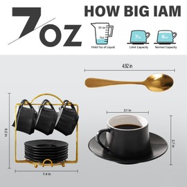 Lareina Porcelain Cappuccino Cups with Saucers, Spoons and Cup Stand - 7 Ounce Ceramic Coffee Cups for Americano, Latte, Cafe Mocha and Tea - Set of 6, Black