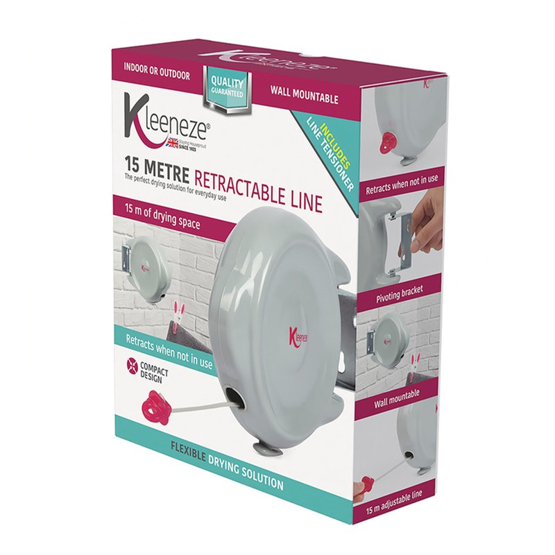 Kleeneze Retractable Clothesline – 15 Metre Drying Space, Anti-Slack Hook,