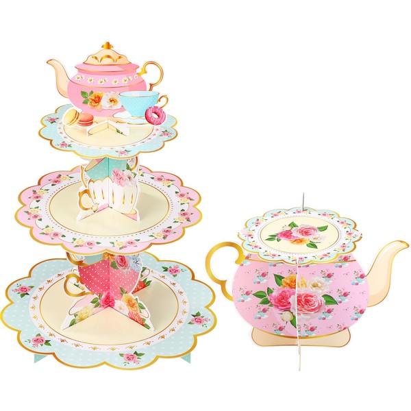 Zopeal 2PCS Floral Tea Party Cupcake Stand 3 Tier Princess Theme Cardboard Cupcake Holder Girl Birthday Dessert Tower for Princess Tea Birthday Baby Shower Party Table Decor Supplies (Afternoon Tea)