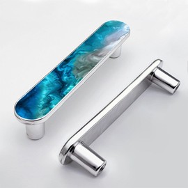 Elohiym 4 Pack Aqua Aquamarine Blue Water Cabinet Handles 3-3/4 Inch (96mm) Hole Center Silver Cabinet Pull Unique Drawer Handle Bathroom Drawer Pulls Kitchen Cabinet Hardware