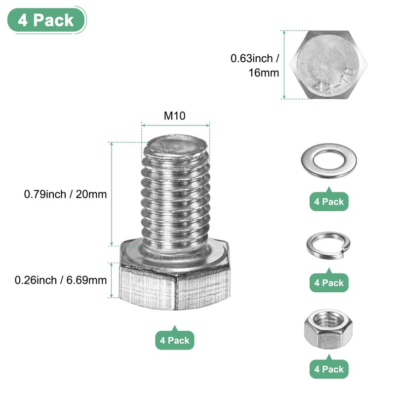 M METERXITY 4-Pack Hex Head Screw Bolt with Nuts Flat