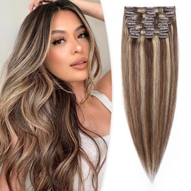 Benehair Handmade Silky Clip in Hair Extensions Real Human Hair, 100% Remy Straight Clip in Hair Extensions for Women, 4P27 Medium Brown&Dark Blonde Hair Extensions Clip ins 60g/pack 8pcs 10 Inch