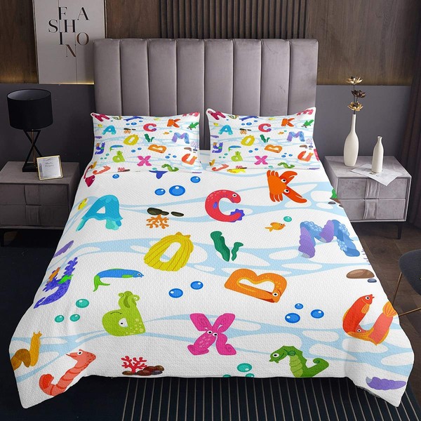 Couvre-lit matelassé pour enfants avec motif créature de l'océan - Lettres colorées - Pour garçons et filles - Vie marine - Couvre-lit matelassé - Pour lit simple