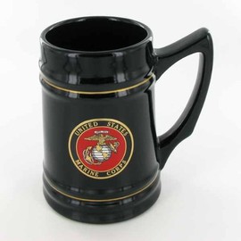 United States Marine Corp. Ceramic Tankard/Beer Mug Drinkware High Gloss Black Finish with 2 Inch Emboseed Aluminum Medallion Litho Print