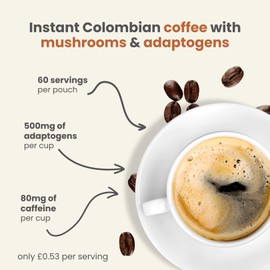 Javasu Mushroom Coffee | 60 Servings | Colombian Arabica Instant Coffee with Lion's Mane, Chaga, Cordyceps, L-Theanine for Natural Energy & Focus | No Ordinary Moments | 150g