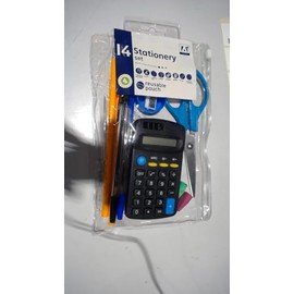 14-Piece School Stationery Set with Calculator, Scissors, Pens and Pencils, Reusable Pouch
