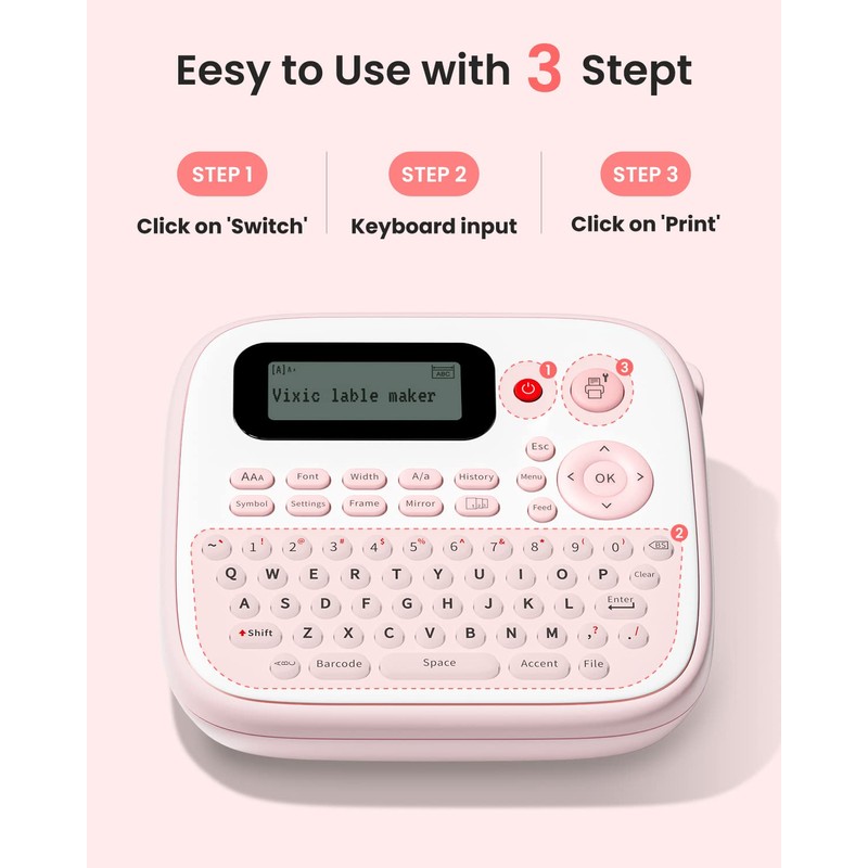 Pink Label Maker Machine-Vixic-D210S Label Makers,QWERTY Keyboard Labeler,Easy Handheld Portable