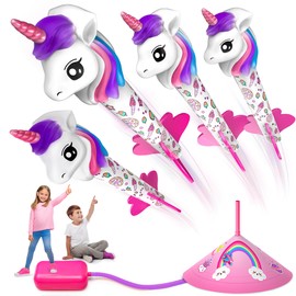 beefunni Unicorn Rocket Launcher for Kids, 4 Unicorns Outdoor Toys for Girls, Christmas Easter Birthday Gifts for Girls Ages 2 3 4 5 6 7 8 Years Old, Fun Indoor Toys for Kids Ages 2-4-6 Years Old
