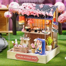 ESTUSR DIY Miniature Dollhouse Kits - Wooden Mini Model House with LED Lights, Tiny Furniture & Accessories – Craft Building Kits for Teens & Adults (Noodles Shop) – Birthday Valentine's Gift