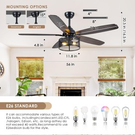 Farmhouse Ceiling Fan with Light and Remote,56" Black Industrial Caged Flush Mount Ceiling Fans for Bedroom,Living room Rustic Fandelier for Patio 6 Speed Reversible,5 Dual Blades Indoor/Outdoor