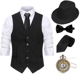 Gionforsy 1920s Mens Costume Gatsby Gangster Costume Accessories Set 20s Hat Suspenders Bow Tie (Black Stripe-Panama Hat, X-Large)