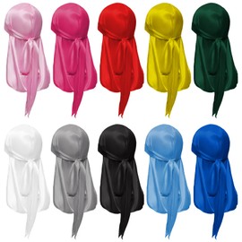 10 Pieces Silky Durags Long Tail for Women Men Satin Durag Wave Headwraps Wide Straps