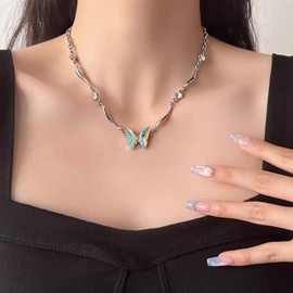 Cimenexe Bohemian Crystal Butterfly Choker Necklace Colourful CZ Butterfly Pendant Necklace Silver Moonstone Butterfly Chain Necklace Small Butterfly Collar Necklace Jewellery, Zinc, No Gemstone