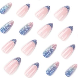 24pcs French Tip Press on Nails Short Almond Fake Nails with 3D Designs Pearl Glue on Nail Blue False Nail Glitter Full Cover Acrylic Nail Stick on Nails for Women Nail Decoration