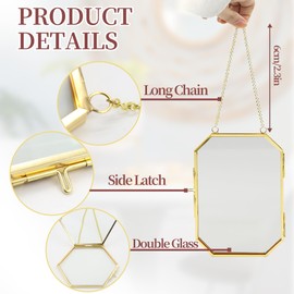 Simaixing 3Pcs Pressed Flower Frame with Chain, Small Gold Floating Frame with Tweezers, 3 Shapes Double Glass Frame for Pressed Flowers Plants, Hanging Frames for DIY Decor Photo Display (Gold)