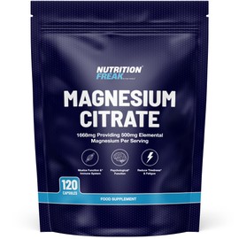 Nutrition Freak Magnesium Citrate - 500 mg Elemental Magnesium | High Absorption Formula for Energy, Muscle & Nervous System Support | 120 Vegan Capsules (60 Servings) | UK-Made Premium Supplement