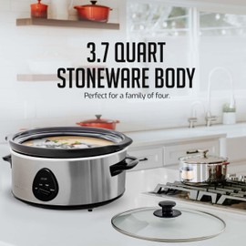 OVENTE Electric Slow Cooker with 3 Cooking Settings, Non-Stick and Dishwasher Safe Stoneware, Stainless Steel Body, Glass Lid, 3.7 Qt Oval Pot for Entrees, Soups, Sauces, Stews & Dips, Silver SLO35ABR