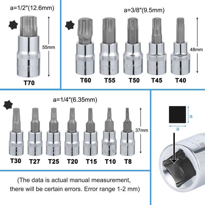 Gueenky 13-Piece Torx Bit Set, T8 - T70 Multi-Tooth Socket