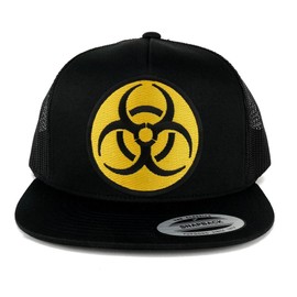 Armycrew 5 Panel Biohazard Circular Yellow Black Embroidered Patch Flat Bill Mesh Snapback - Black