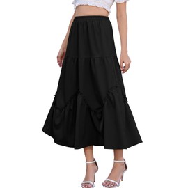 Women Black Victorian Skirts Elegant Layered Pleated A Line Skirts with Pockets Formal Vintage Casual Dresses for Wedding Guest Flowy Long Skirt for Womens Cute Going Out Clothing Black M