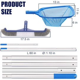 Pool Cleaning Kit, 18'' Pool Brush Head & Pool Skimmer Net with 60" Pole, Pool Net Skimmer & Pool Brush with Pole, Pool Net & Pool Brushes for Cleaning Pool Walls with Pole