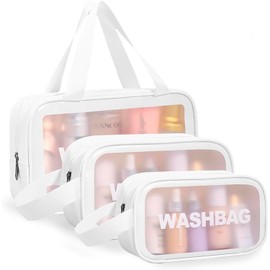 MUYIBENMU Travel Toiletry Bag for Women Men，Translucent Waterproof Travel Makeup Cosmetic Pouch Traveling Organizer for Toiletries, Cosmetic, Accessories，3 Cosmetic Bags, Quart Size (White)