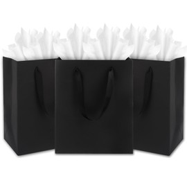 Argivean Medium Black Gift Bags: 3pcs 8x5x10 Inch Gift Bags With Handle For Wedding Party Birthday Business (With White Tissue Paper)