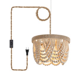 AMZASA Plug in Chandelier Boho Woven Hemp Rope Wooden Beaded Farmhosue Hanging Pendant Light Fixture with 14.8FT Cord On/Off Switch 3 Lights for Nursery Bedroom Living Room Dining Room UL Listed