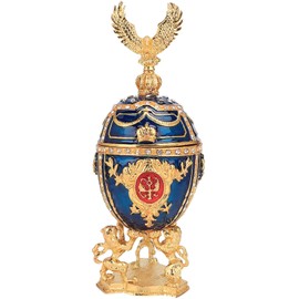 Germerse Vintage Style Gold Plated Enamel Painted Faberge Egg with Crown Eagle Sparkling Rhinestones Metal Crafts Jewelry Trinket Box