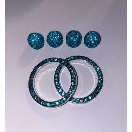 Unbranded Aqua Blue 4 Tire Valve Caps & 2 Ignition Ring Engine Start Stop Crystal Bling