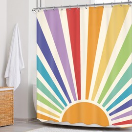 Newsely Boho Vintage Sun 70s Shower Curtain 60Wx72H Inch Retro Rainbow Cute Sunshine Sunrise Sunset Colorful Abstract Shower Curtain Set Aesthetic Waterproof Bath Decoration Accessories Home Decor