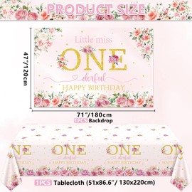 Floral 1st Birthday Decorations, Floral Miss Onederful Banner Backdrop, Little Miss Onederful Tablecloth for Girls First Birthday Party Decor Girls Happy 1st Birthday Party Supplies