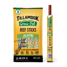 Tillamook Country Smoker 100% Grass Fed Beef Sticks, Zero Sugar, Jalapeno, 1.15 Ounce (Pack of 8) Whole 30, Non GMO Clean Meat Snacks, Low Carb, High Protein, Gluten Free, Individually Wrapped