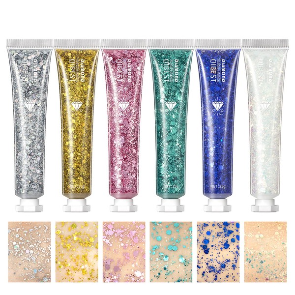 MKNZOME 6 Piece Glitter Body Gel, Glitter Face Festival Makeup Glitter Face Gel Glitter Hair Glitter Makeup Glue Gel Glitter Glitter Long Lasting for Party Christmas Easter