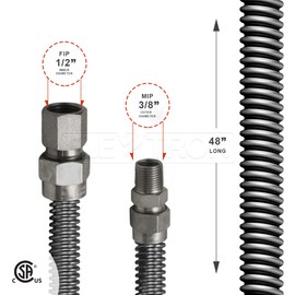 HIGHCRAFT GUHD-TT14-48G Gas Line Hose 3/8'' O.D. x 48'' Length with 1/2 in. FIP x 0.38 in. MIP Fitting, Uncoated Stainless Steel Flexible Connector, 48 Inch